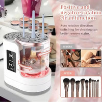 Makeup brush cleaning machine with text highlighting its features on a blurred background.