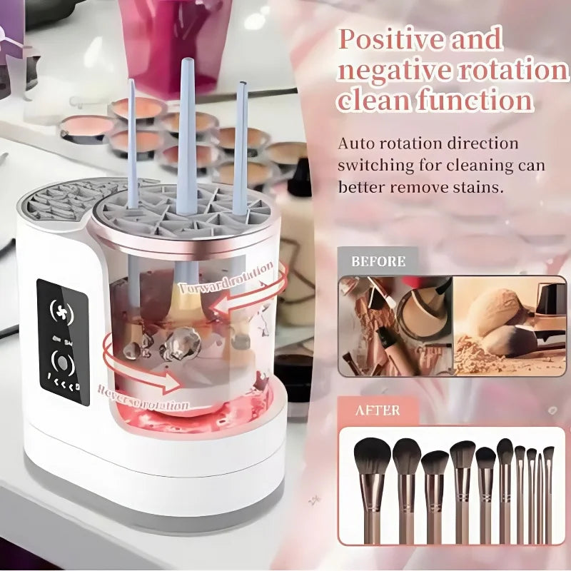 Makeup brush cleaning machine with text highlighting its features on a blurred background.